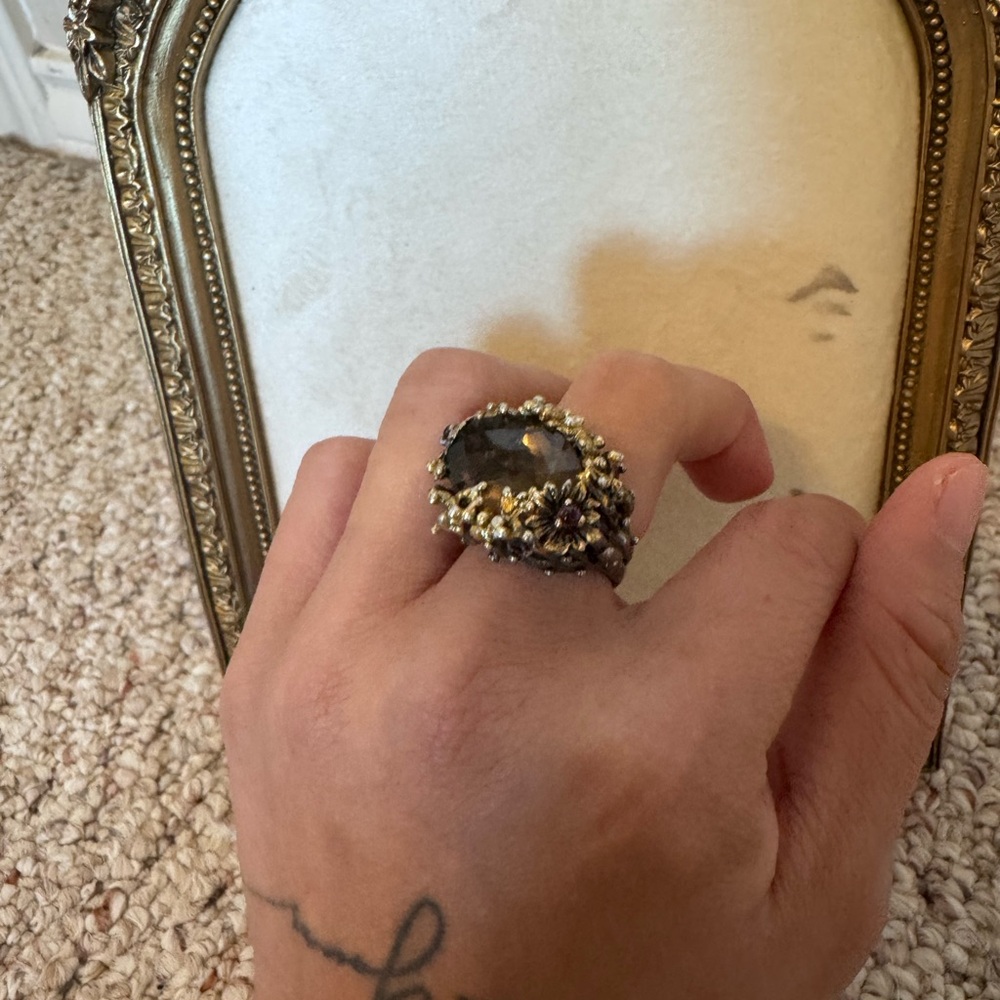 Statement Floral Cluster Ring with Smoky Center Stone - Gold & Silver Tones